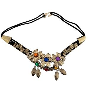 VTG Y2K Statement Belt Multicolor Gemstone Gold Festival Floral Bejeweled Bling